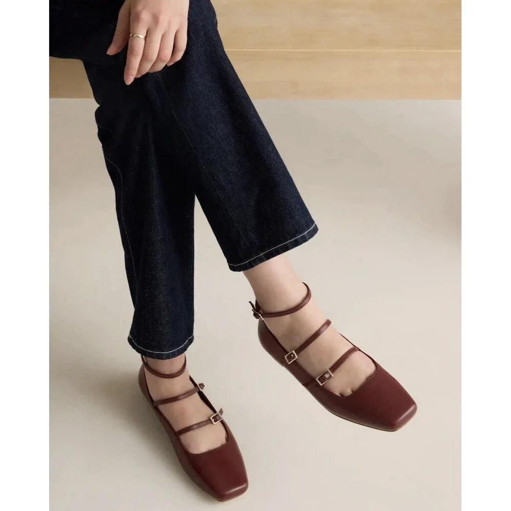 Quince Italian Leather Strappy Ballet Flat Shoes Size 7 Merlot